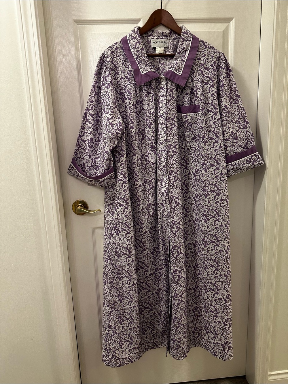 Vtg Models Coat by Swirl Purple Floral Plisse Duster House Dress Robe 1X